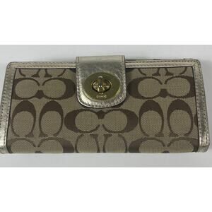 Coach Wallet Signature Print Gold Brown Tan Turnlock Metallic